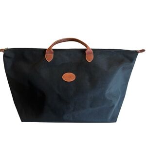 LONGCHAMP Paris Classic Black Canvas Tote Leather Handles Zipper Closure